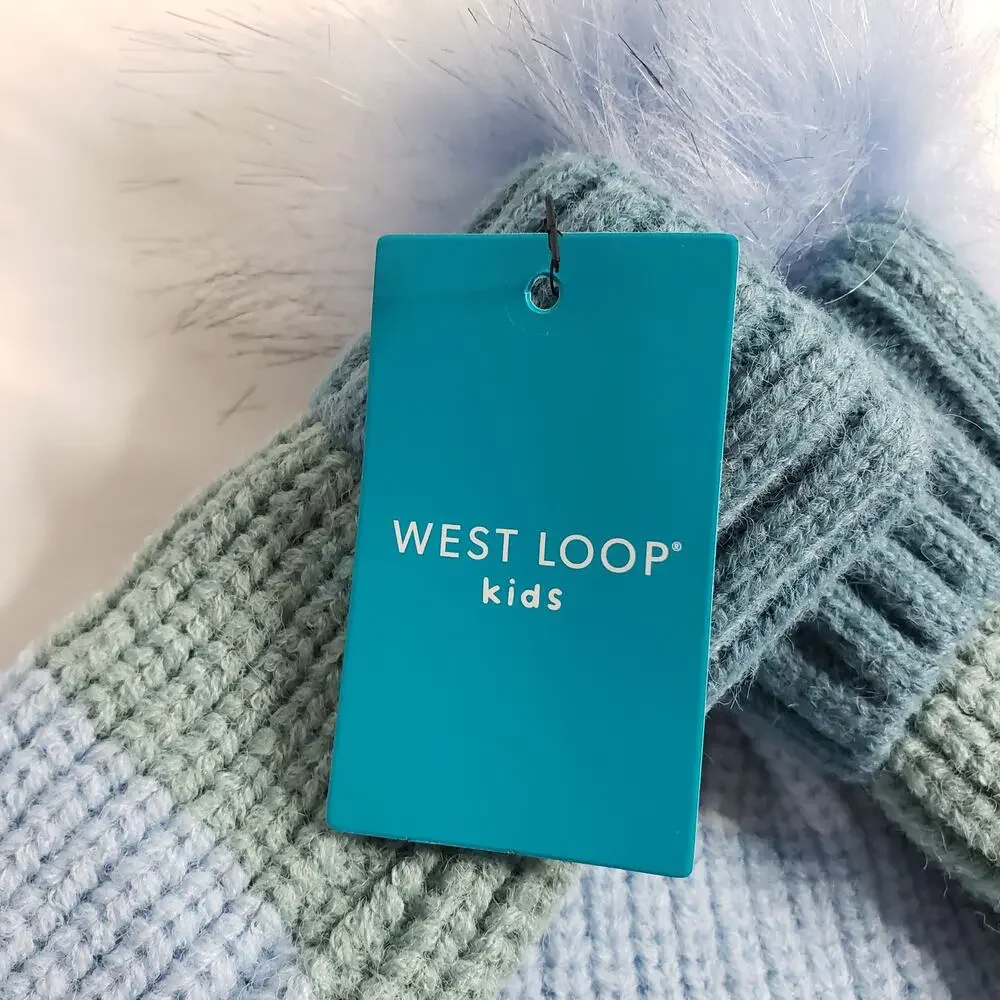 West Loop Kids One‎ Size Winter Pom Puff Hat & Glove Set Green Blue Stripe New